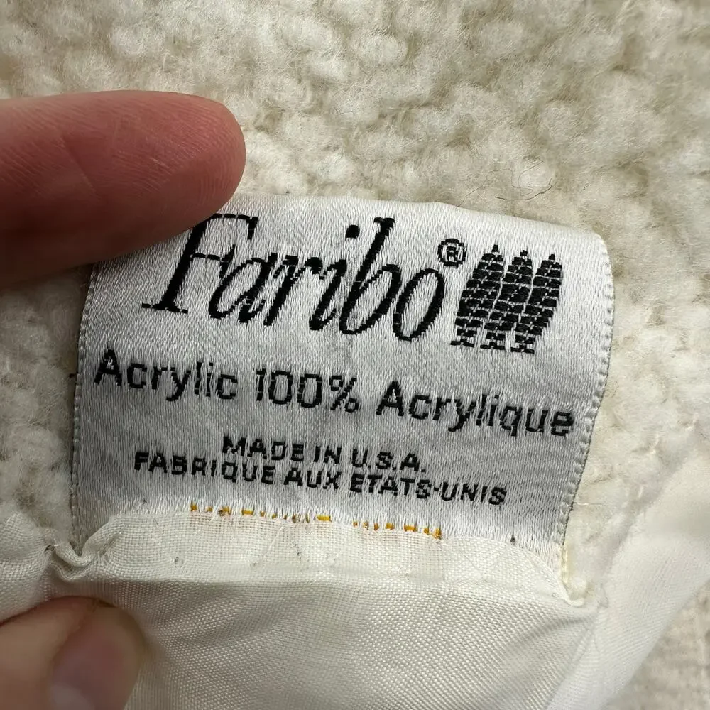 Vintage FARIBO Wool Acrylic Blanket Ivory Satin Trim Woven Texture 68x82 Cottage - Picture 10 of 13